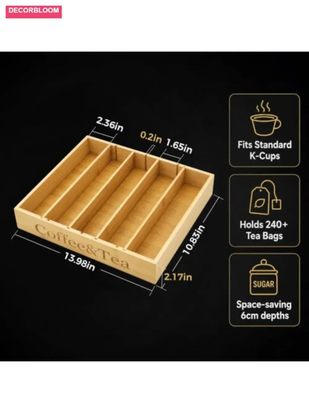 Bamboo Coffee & Tea Bag Organizer Box with 7 Adjustable Slots and Removable